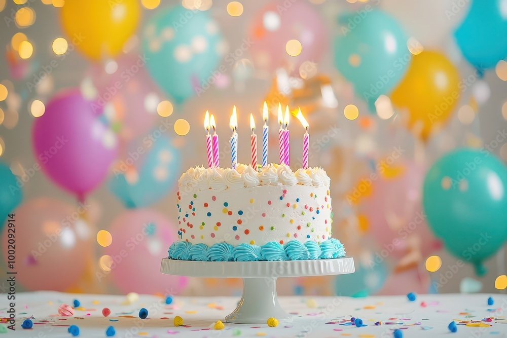 Lively birthday party scene with a cake topped with lit candles and a background filled with colorful balloons Lively birthday party scene with a cake topped with lit candles and a background filled with colorful balloons