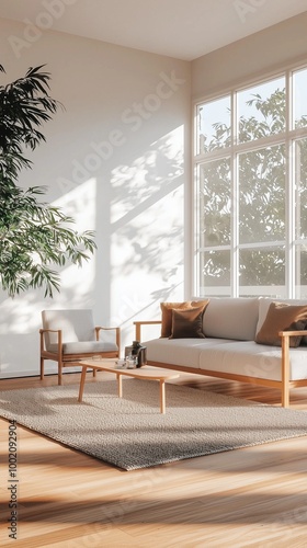 A cozy and bright living room featuring a wooden sofa and armchair with neutral cushions, a matching wooden coffee table, and a textured rug.