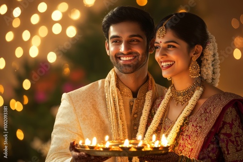 Joyful Indian wedding celebration with traditional attire and lights. photo