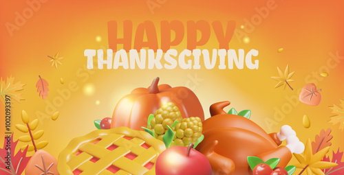 3d thanksgiving banner design with pumpkins and autumn leaves.