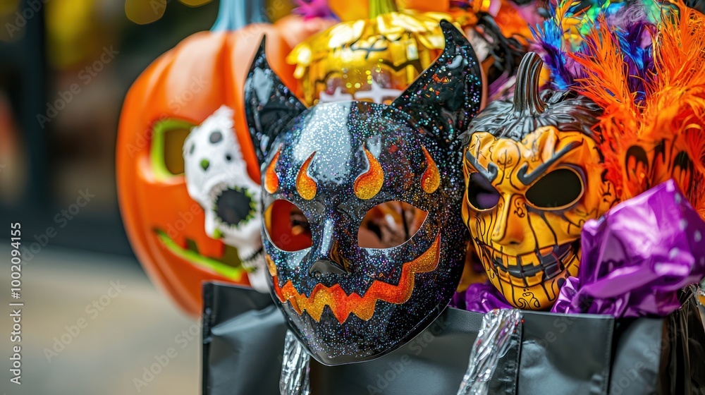 Fototapeta premium A shopping bag filled with an assortment of Halloween masks and accessories, ready for a night of trick-or-treating fun