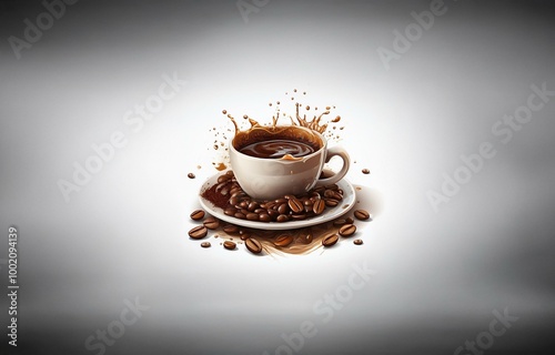 A white coffee cup with coffee splashing out, surrounded by coffee beans. photo