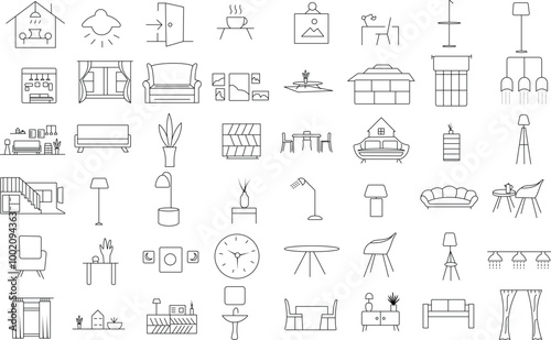 Living room and office room interior furniture icon set for logo and T-Shirt. Thin line art editable stroke.