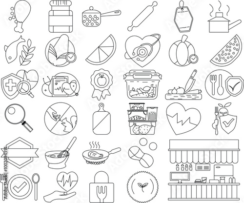 Food safety icon set for logo and T-Shirt. Thin line art editable stroke.