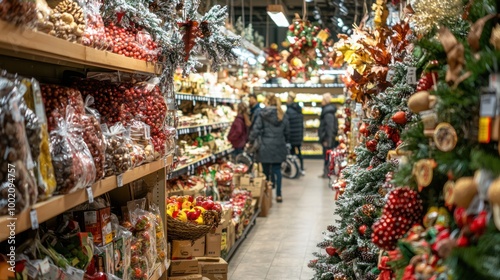 Shoppers bustling through a grocery store, gathering ingredients and decorations for their upcoming Thanksgiving celebrations photo