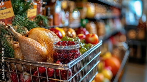 A close-up of a shopping cart filled with Thanksgiving essentials, including turkey, cranberry sauce, and festive decorations