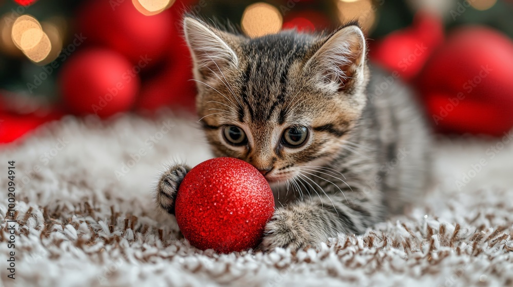 young kitten cat playing with a red christmas ball on the floor young kitten cat playing with a red christmas ball on the floor