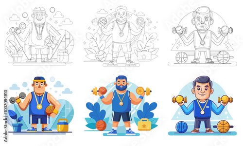 Vector cartoon illustration of handsome man lifting a barbell with inside the gym. A Contemporary style. 