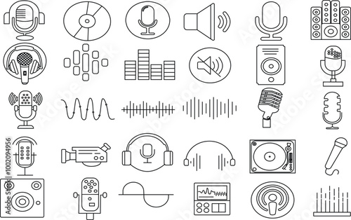 Podcast Microphone icon set for logo and T-Shirt. Thin line art editable stroke.