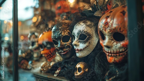 A close-up of a costume storeâ€™s display featuring a selection of masks and accessories, inspiring creativity for Halloween photo