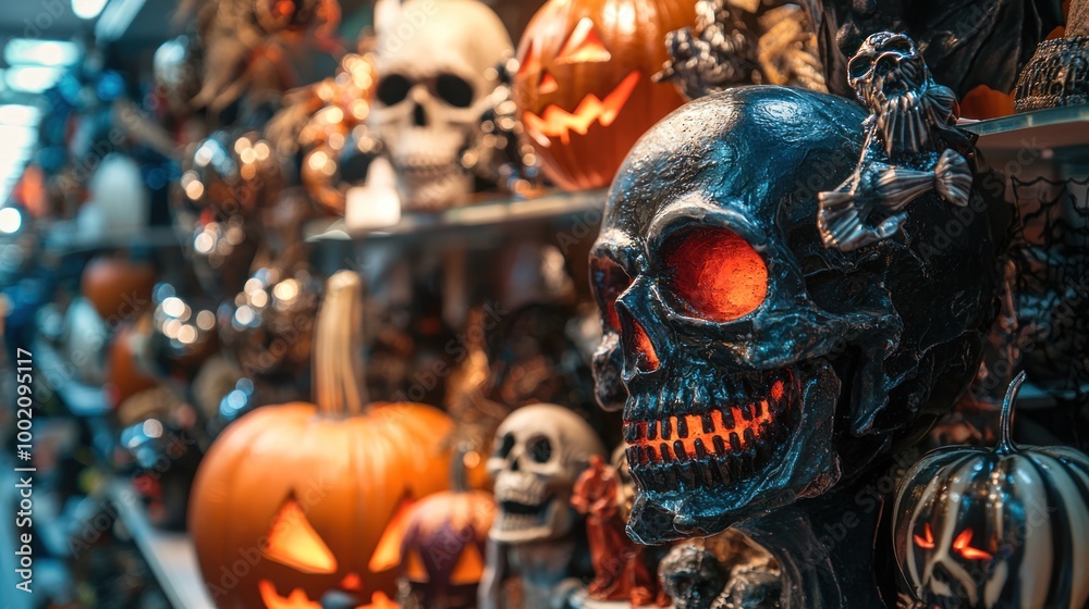 Fototapeta premium A close-up of a Halloween store display featuring various creepy props and decorations, setting the mood for the season