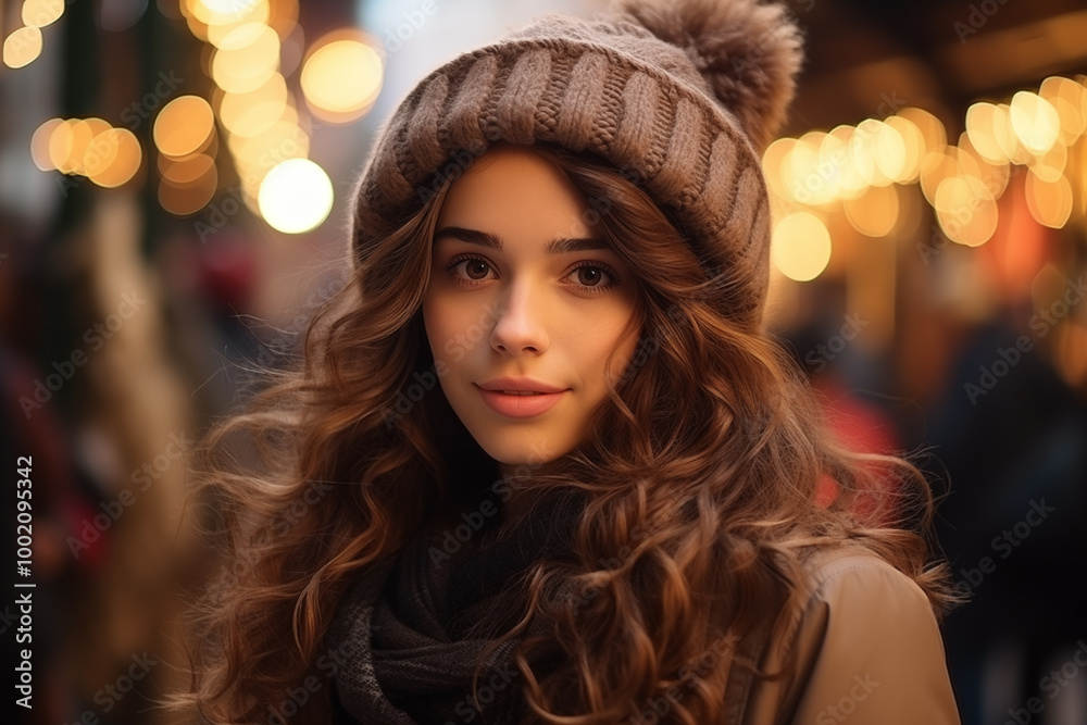 Woman enjoying the view of the Christmas fair. Portrait of young beautiful happy smiling girl Woman enjoying the view of the Christmas fair. Portrait of young beautiful happy smiling girl