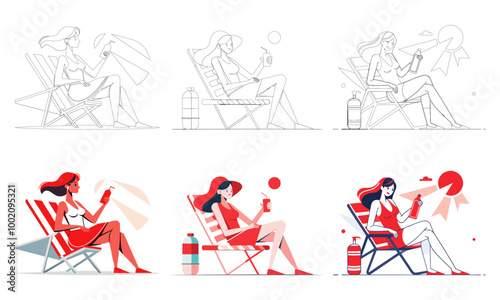 beautiful woman seated in beach chair eating coconut vector illustration design
