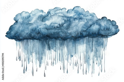 A beautiful watercolor illustration of a dark cloud with falling rain, perfect for weather-themed projects and designs.