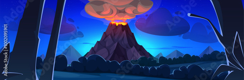 Volcano eruption on night tropical island. Vector cartoon illustration of hot lava flowing from mountain, volcanic smoke above crater, natural disaster, jungle forest trees, stars and clouds in sky