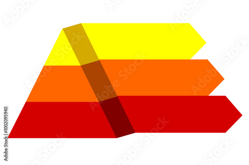 Infographic hierarchical illustration of yellow and red triangles divided and cut into thirds , Pyramid shape made of three layers for presenting business ideas or disparity and statistical data