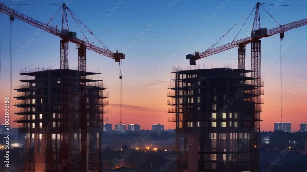 Two modern buildings under construction with cranes working against a stunning sunset, painting the skyline. The cityscape evolves as architecture rises, showing growth and progress Two modern buildings under construction with cranes working against a stunning sunset, painting the skyline. The cityscape evolves as architecture rises, showing growth and progress