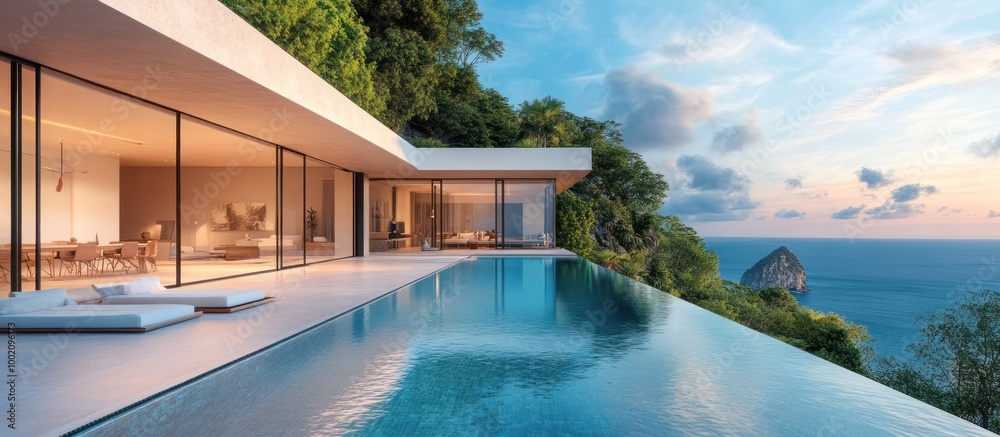 Modern villa with infinity pool overlooking ocean. Modern villa with infinity pool overlooking ocean.