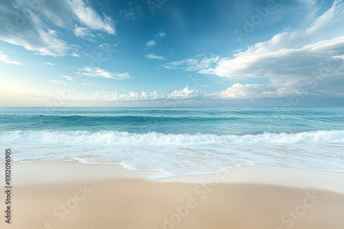 Tranquil beach scene with gentle waves and a clear blue sky dotted with white clouds.