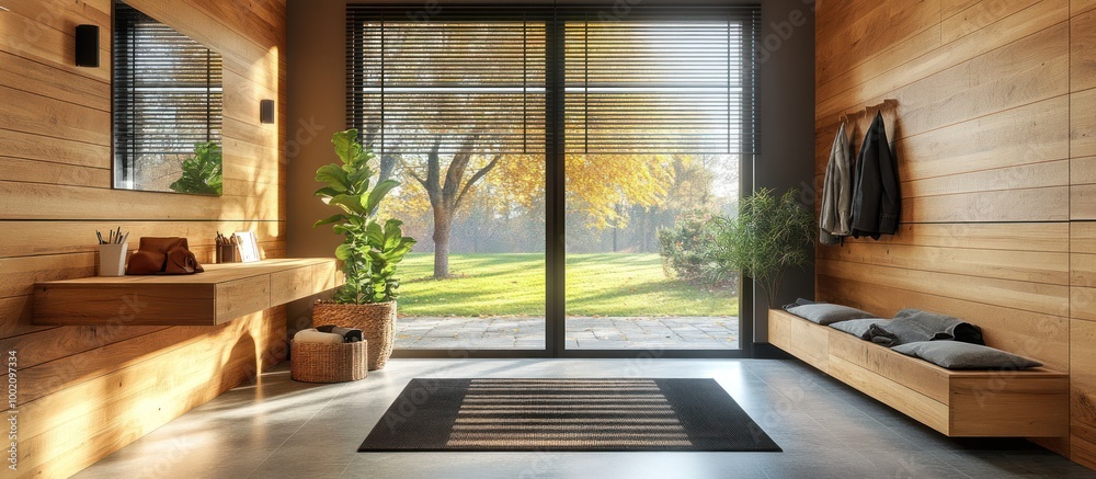 Modern wooden hallway interior with large window overlooking a grassy backyard with autumn trees.
