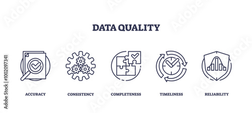 Outline icons set representing data quality concepts like accuracy, consistency, completeness, timeliness, and reliability, transparent background.