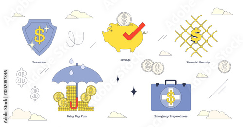 Illustration of emergency fund concepts with piggy bank, shield, and umbrella in neubrutalism style collection, transparent background.