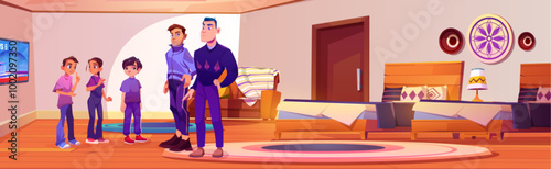 Upset fathers and naughty teen kids in bedroom. Vector cartoon illustration of sad men with serious faces worried about problem with teenagers, family in light hotel room with beds and tv on wall