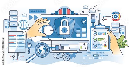Cybersecurity training for information protection outline hands concept, transparent background.