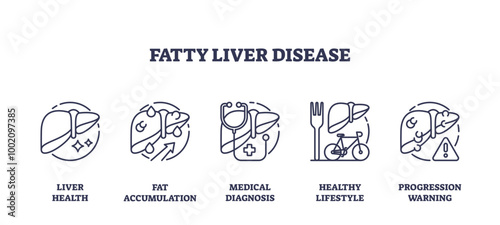 Outline icons representing liver health, fat accumulation, medical diagnosis, healthy lifestyle, and progression warning, outline icons set, transparent background.