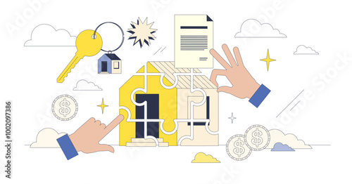 Fractional real estate and shared ownership neubrutalism hands collection set, transparent background. Investor buy part of house property to share risks and profit together illustration.