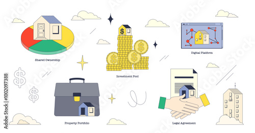 Fractional real estate and shared ownership tiny neubrutalism collection set, transparent background. Labeled elements with investment pool, digital platform.