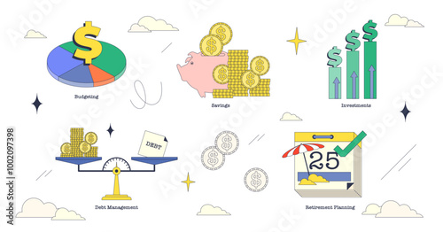 Illustration of financial planning concepts like budgeting, savings, investments, debt management, and retirement planning in neubrutalism style collection, transparent background.