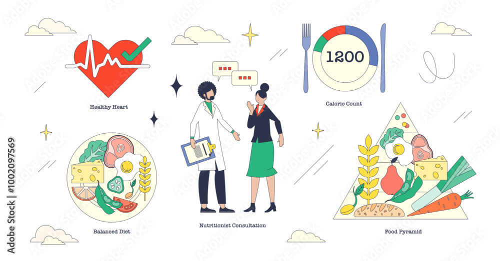 Fototapeta premium Illustration of a nutritional consultation with a balanced diet and calorie count in neubrutalism style collection, transparent background.