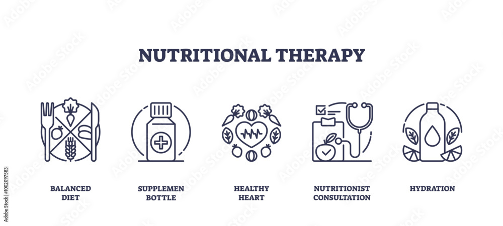 Fototapeta premium Set of outline icons representing balanced diet, supplement bottle, healthy heart, nutritionist consultation, and hydration, transparent background. Outline icons set.