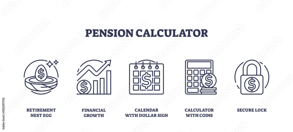 Fototapeta premium Pension calculator and retirement money savings outline icons collection set, transparent background. Labeled elements with elderly financial growth.