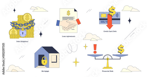 Illustration of debt obligations, loan agreements, and financial risks in neubrutalism style collection, transparent background.