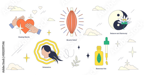 Illustration of massage therapy elements like healing hands, muscle relief, and essential oils in neubrutalism style collection, transparent background.