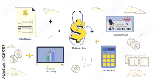 Illustration of medical billing elements with stethoscope, dollar sign, and computer in neubrutalism style collection, transparent background.