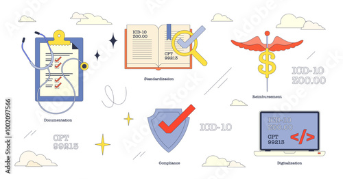 Illustration depicting medical coding elements like documentation, standardization, and compliance in neubrutalism style collection, transparent background.