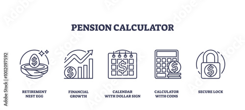 Pension calculator and retirement money savings outline icons collection set, transparent background. Labeled elements with elderly financial growth.