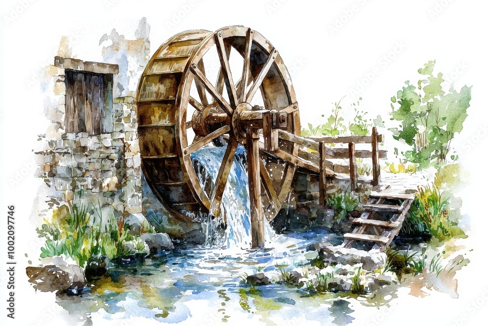 Beautiful watercolor painting of a rustic water wheel beside a tranquil stream, showcasing nature and historical craftsmanship. Beautiful watercolor painting of a rustic water wheel beside a tranquil stream, showcasing nature and historical craftsmanship.