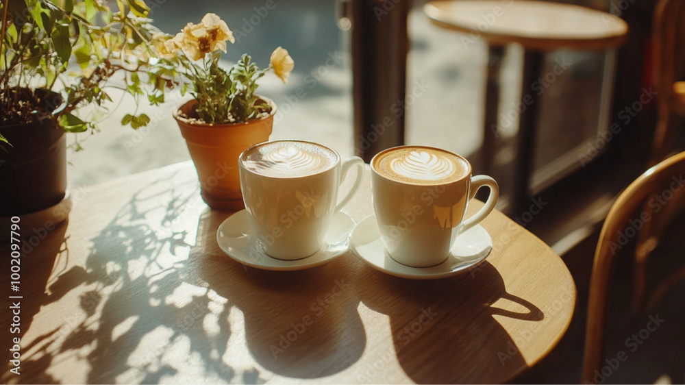 Two cafe lattes lined up on the cafe table, photography, bright scenery, urban Two cafe lattes lined up on the cafe table, photography, bright scenery, urban