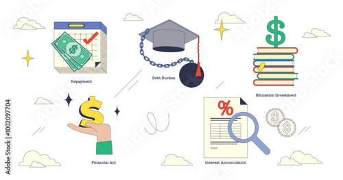 Illustration of student loans with key elements like a graduation cap, money, and documents in neubrutalism style collection, transparent background.