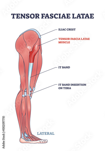 Medical illustration showing the Tensor Fasciae Latae muscle, IT band, and iliac crest, diagram, transparent background.