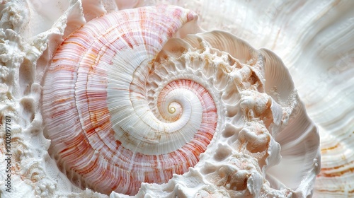 A close-up of a beautiful seashell showcasing its intricate spiral design and soft pastel colors, perfect for coastal themes. photo