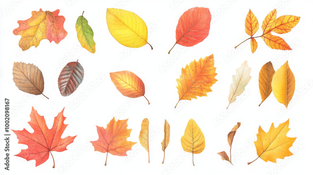 Fototapeta premium A collection of colorful autumn leaves from oak, maple, and chestnut trees. These simple yellow, red, and orange leaves are perfect for patterns, banners, stickers, or greeting cards.