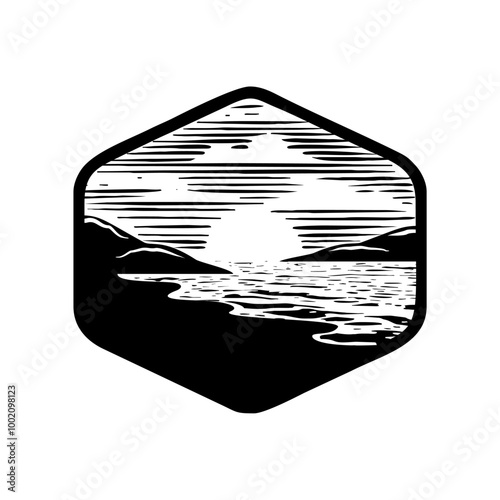 sea sunset landscape of sun above ocean surface with cliffs and coastal shore in hexagon emblem logo icon vector illustration