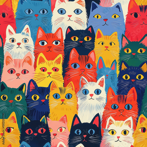 Seamless lively pattern featuring cartoon cats in a variety of bold colors, each with unique expressions on a colorful background.