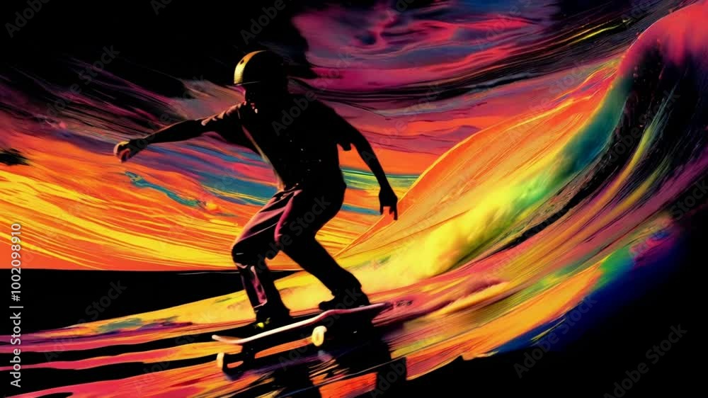 Skateboarder rides on a wave-like surface with vivid, swirling colors of orange, pink, and yellow in the background. The dynamic scene blends elements of skateboarding and surfing. Skateboarder rides on a wave-like surface with vivid, swirling colors of orange, pink, and yellow in the background. The dynamic scene blends elements of skateboarding and surfing.