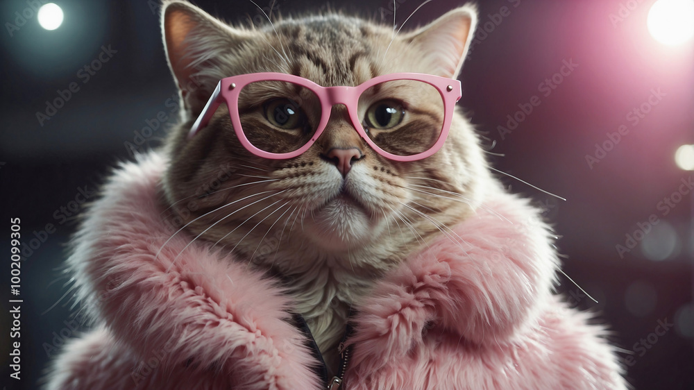 A fashionable stylish cat in glasses and a pink fur coat in the spotlight. A fashionable stylish cat in glasses and a pink fur coat in the spotlight.
